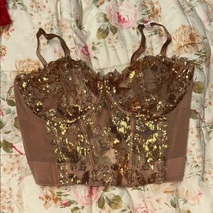 Gold Sequined Ziggy Glam Floral Embroidery Unlined Corset Top